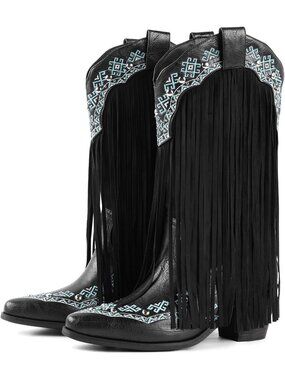 〽️Women's Knee-Calf Faux Fur Boot Black Faux Leather Round Toe Furry Heel